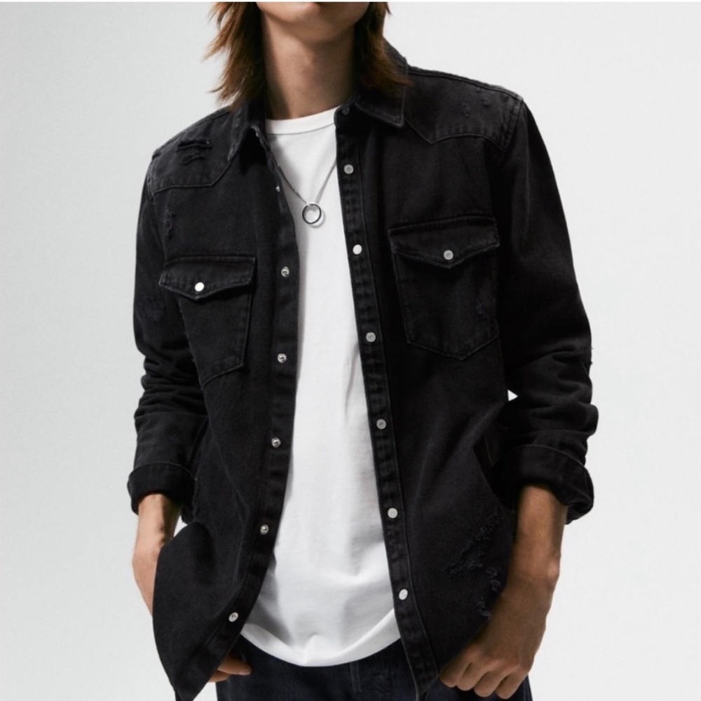Zara Men’s Black Distressed Shirt Denim Jacket 100% cotton grunge 90s snap